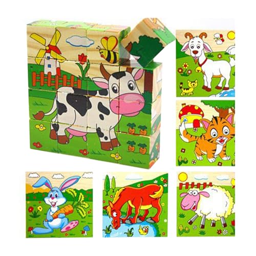 Würfelpuzzle, Wooden Cube Puzzle, Kinder Holzpuzzle ab 3 4 Jahre, Lernspielzeug Holzspielzeug 6 in 1 Bauernhof Tier-Motive mit 16 Würfel Holzspielzeug für Jungen und Mädchen, 12 x 12 x 3 cm von HaOrchid