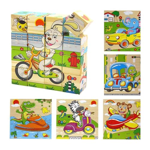 Würfelpuzzle Holz, Wooden Cube Puzzle, 3D Würfelpuzzle Puzzlespiele 6 in 1 Transport Tier-Motive mit 16 Würfel Holzspielzeug, Montessori Lernspielzeug Geschenk für Jungen und Mädchen, 12 x 12 x 3 cm von HaOrchid