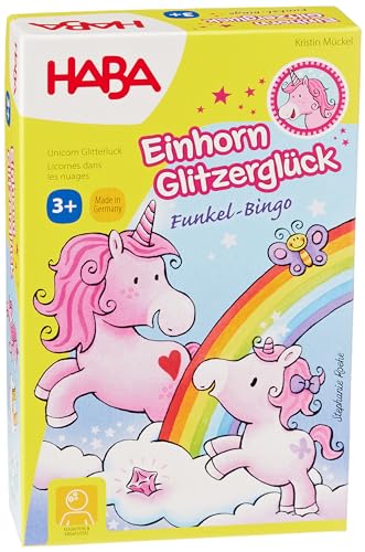 HABA 303647 - Einhorn Glitzerglück – Funkel-Bingo, Bingospiel mit Einhornmotiven und Funkelkristallen, Spiel ab 3 Jahren von HABA