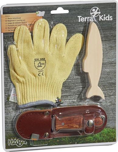 HABA Terra Kids Basis-Schnitzset – Holz-Schnitzwerkzeug-Set für Kinder – inkl. 2 sichere Handschuhe, Schnitzrohling & Messer-Etui – ab 6 Jahren – Artikelnummer: 1302622001 von HABA