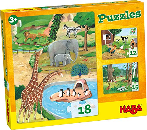 HABA 4960 - Puzzles Tiere, Kinderpuzzles ab 3 Jahren, mit 3 tollen Puzzle-Motive in Einer Schachtel von HABA