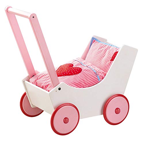 Haba 950 - Puppenwagen Herzen, niedlicher Puppenwagen aus Holz mit mit zweifach verstellbarem Bügel, Matratze, Kissen und Decke, Spielzeug ab 12 Monaten, Rot,weiß,rosa von HABA