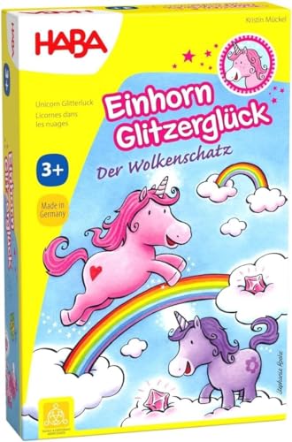 Haba 300123 - Einhorn Glitzerglück Der Wolkenschatz, Zauberhaftes Würfelspiel mit 60 Glitzerkristallen für 2-4 Spieler ab 3 Jahren, schönes Geburtstagsgeschenk für alle kleinen Einhorn-Fans von HABA