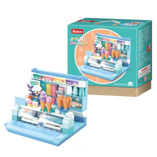 Habarri - Mini Klemmbausteine - Set von Bausteinen und Mini Figur - Geschenk für Kinder ab 7 Jahren - Kompatibel mit bekannten Klemmbausteinen - 110 Elemente - Motiv Eisdiele von Habarri