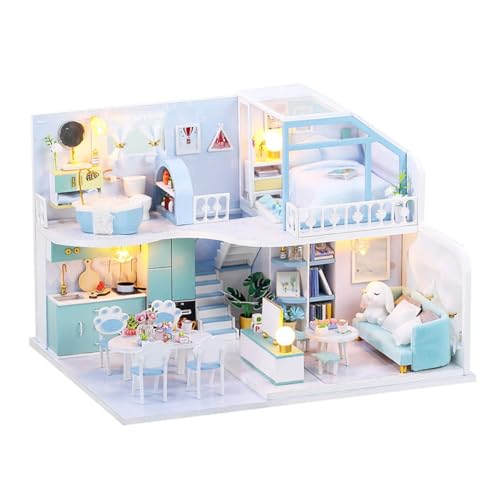 Habarri - Miniatur Haus - DIY Set - Bastelset Erwachsene & Kinder ab 7 Jahren - Bezauberndes 3D Modell mit Licht - Modellbau 1:24 - Motiv Blauer Himmel von Habarri