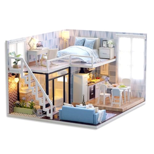 Habarri - Miniatur Haus - DIY Set - Bastelset Erwachsene & Kinder ab 7 Jahren - Bezauberndes 3D Modell mit Licht - Modellbau 1:24 - Motiv Blaues Loft von Habarri