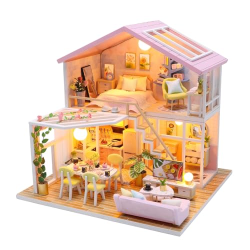 Habarri - Miniatur Haus - DIY Set - Bastelset Erwachsene & Kinder ab 7 Jahren - Bezauberndes 3D Modell mit Licht - Modellbau 1:24 - Motiv Frühstück unter der Pergola von Habarri