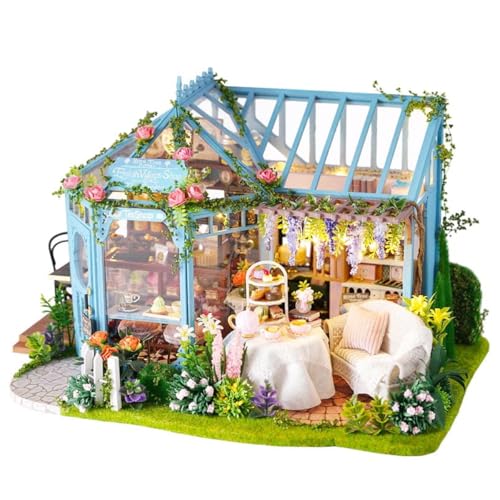 Habarri - Miniatur Haus - DIY Set - Bastelset Erwachsene & Kinder ab 7 Jahren - Bezauberndes 3D Modell mit Licht - Modellbau 1:24 - Motiv Rosen-Tearoom von Habarri