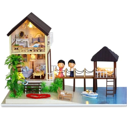 Habarri - Miniatur Haus - DIY Set - Bastelset Erwachsene & Kinder ab 7 Jahren - Bezauberndes 3D Modell mit Licht - Modellbau 1:24 - Motiv Villa auf den Malediven von Habarri