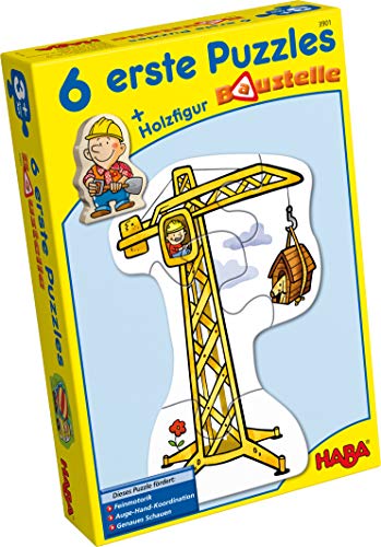 Haba 3901-6 erste Puzzles Baustelle, Puzzle mit 6 lustigen Baustellenmotiven für Kinder ab 2 Jahren, mit Bauarbeiterholzfigur zum freien Spielen von HABA