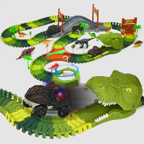 172pcs Dinosaurier-Rennstrecken-Spielzeug, Dinosaurier-Welt-Straßenrennen für Kinderspielzeug, Flexibles Strecken-Spielset mit 2 coolen Dinosaurier-Autos für 3 4 5 6 7 8 Jahre alte Jungen und Mä von Habuddy