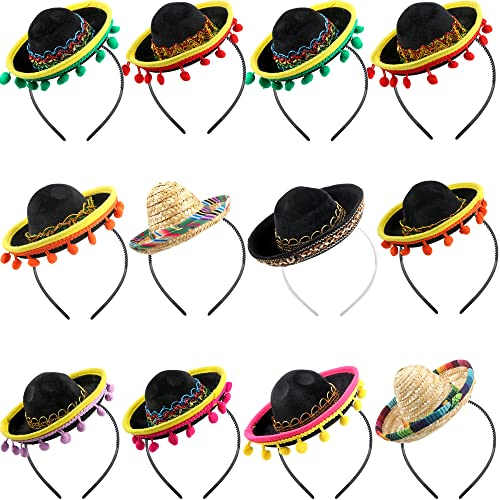 Haconba 12 Stück mexikanisches Sombrero-Stirnband, Mini-Strohhalm, Sombrero-Stirnband, Fiesta-Party-Stirnband mit Ballfransen für Luau-Event, Foto-Requisiten, mexikanisches Motto-Party-Gastgeschenk von Haconba