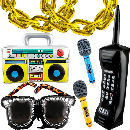 Haconba 15 Pack 80er 90er Jahre Aufblasbare Dekorationen Enthält Aufblasbare Radio Boombox Handy Mikrofon Brillen Goldfolie Kette Ballons für Disco Hip Hop Party Dekorationen von Haconba