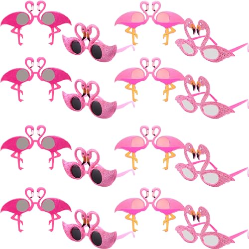 Haconba 16 Stück Flamingo-Sonnenbrillen, glitzernde Kunststoff-Hawaii-Flamingo-Sonnenbrille für Kinder und Erwachsene, Sommer, Strand, Pool, hawaiianische Luau-Party-Zubehör, 4 Stile von Haconba