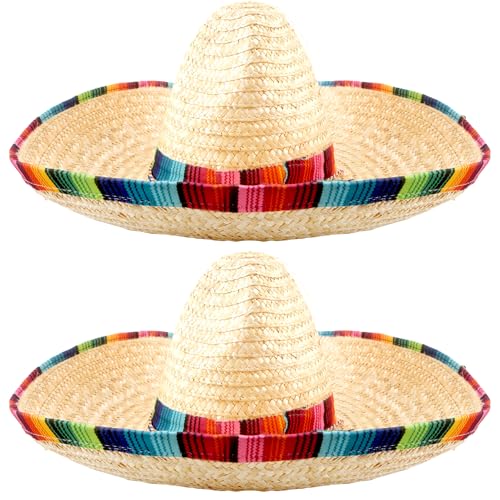 Haconba 2 Stück großer mexikanischer Sombrero-Hut mit breiter Krempe, Strohhut mit Serape-Rand und Kinnriemen für Erwachsene, Teenager, Halloween, Cinco de Mayo, Fiesta, mexikanische von Haconba