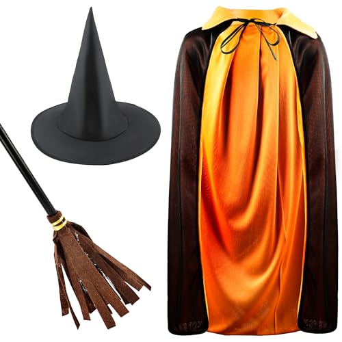 Haconba 3-teiliges Hexenumhang-Kostüm-Set für Kinder, mit wendbarem Zauberer-Umhang, Hexenhut und Besen für Halloween, Cosplay Haconba 3-teiliges Hexenumhang-Kostüm-Set für Kinder, mit wendbarem Zauberer-Umhang, Hexenhut und Besen für Halloween, Cosplay von Haconba