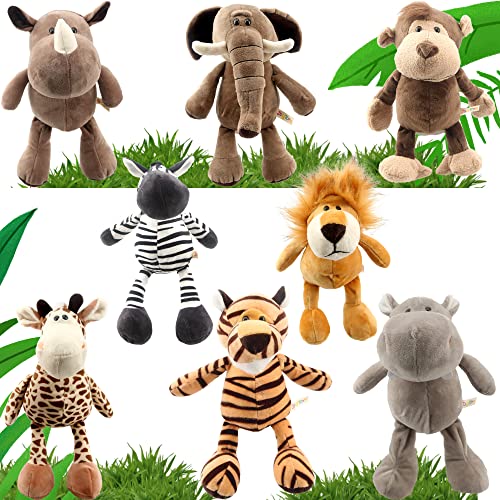 Haconba 8 Stück 25,4 cm Dschungeltier-Plüschtiere Plüschtier Löwe Elefant Zebra Giraffe Tiger Affe Nashorn Nilpferd Safari Stofftiere Set für Dschungelzoo Mottoparty (Dschungeltier Stil 1) von Haconba