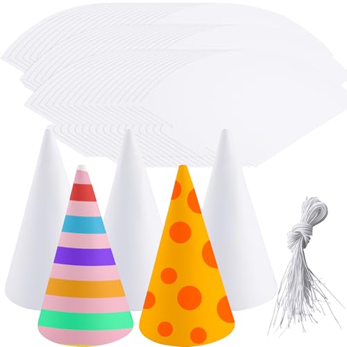 Haconba 80 Stück weiße Kegelhüte einfarbig DIY Kegel Party Hüte blanko Bastelpapier Geburtstag Party Hüte mit elastischer Schnur für DIY Handwerk Projekte Geburtstag Party Supplies von Haconba