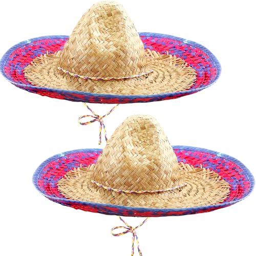 Haconba Mexikanischer Sombrero-Hut, großer Strohhut mit Serape-Besatz, für Erwachsene, Teenager, mexikanische Fiesta, Party, Verkleidungszubehör, 2 Stück von Haconba