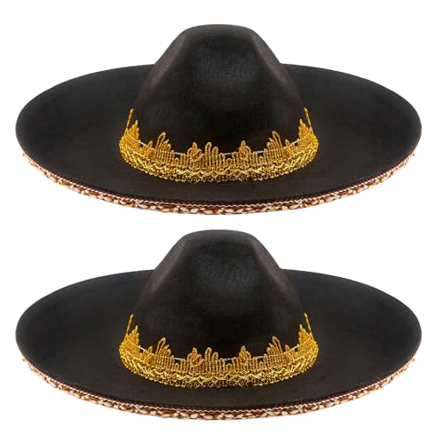 Haconba Mexikanischer Sombrero mit Serape-Rand, schwarzer Filz, großer Sombrero-Hut für Erwachsene, Teenager, mexikanischer Karneval, Party, Verkleidungszubehör, 2 Stück von Haconba