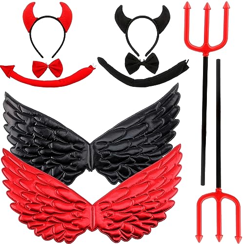 Halloween-Teufelskostüm-Set mit Teufelshorn-Stirnband, Dunkelheit, Engelsflügel, Dämonenschwanz, Fliege, Teufelsgabel für Halloween, Cosplay (Rot, Schwarz) von Haconba