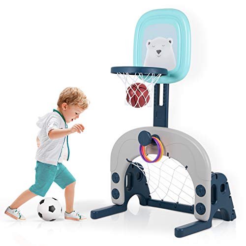 Hadwin Kinder Basketballkorb Set, 3 in 1 höhenverstellbarer Basketballständer & Fußballtor & Wurfspiel für Kleinkinder, Sport für Jungen und Mädchen, Indoor geeignet von Hadwin