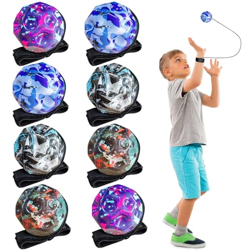 HahaGo Jumper Ball mit Schnur, 8 Stück Jump Ball, 6cm Moon Ball mit Bandagierung, Handgelenkball mit Seil, Hohe Springender Gummiball für Kinder Geeignet für Innen und Außen, zufällige Tarnung von HahaGo