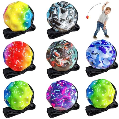 HahaGo Jumper Ball mit Schnur, 8 Stück Jump Ball mit Bandagierung, 6cm Moon Ball, Antistressball Springball, Hohe Springender Gummiball für Kinder Geeignet für Innen und Außen, Zufällige Farben von HahaGo