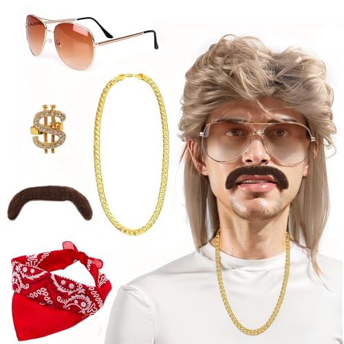 Vokuhila Perücke Herren, 80er 90er Jahre Outfit Accessoires Herren, Blond Perücken Wig Sonnenbrille Halskette Kopftuch, Herren Perücken 6er Set für Fasching Cosplay Halloween Kostümfeste von HahaGo