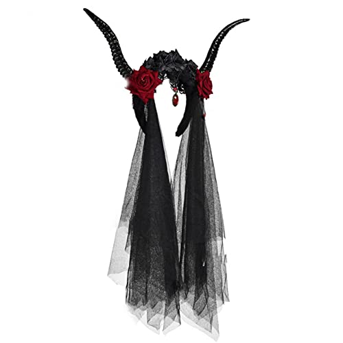 Gothic Antilope Schafhorn Stirnband Blume & Tüll Gothic Haarreifen Halloween Teufel Cosplay Haarschmuck Kopfschmuck von Haiki