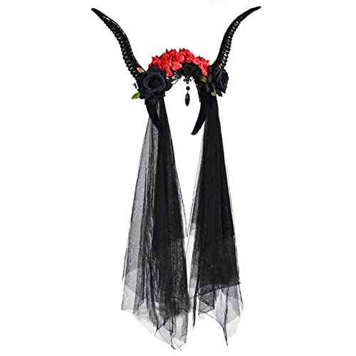 Gothic Antilope Schafhorn Stirnband Blume & Tüll Gothic Haarreifen Halloween Teufel Cosplay Haarschmuck Kopfschmuck von Haiki