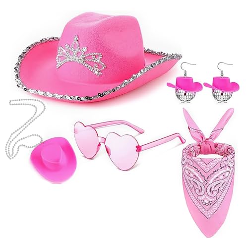 Pinker Cowgirl-Hut mit Bandana und Sonnenbrille, Western-Kostüm-Zubehör für Damen und Mädchen, Urlaubshut von Haiki