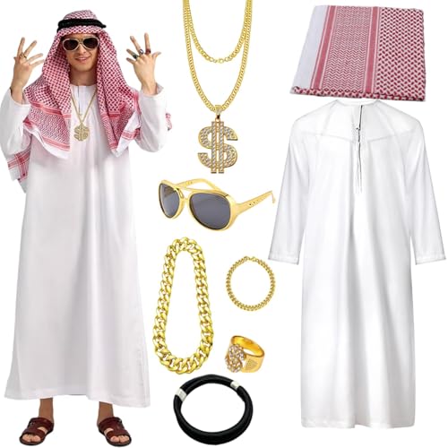 Arabisches Herren-Kostüm – Erwachsenenkostüm-Set für Halloween, neuartiges Kopfwickel-Kleidungsset für Cosplay, Verkleidung von Hailerio