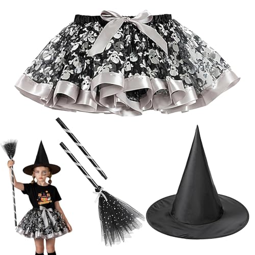 Hailerio Hexenkostüm mit Hut und Besen, Hexenkleid für Mädchen - Halloween-Kostüm verkleiden | Gruseliges Halloween-Cosplay-Kleid für Kleinkinder mit Hut und Besen für Rollenspielpartys von Hailerio