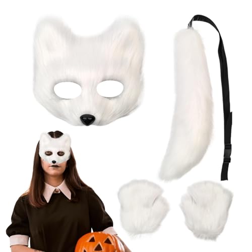 Hailerio Plüsch-Wolf-Gesichtsabdeckungs-Set – Pelz-Fuchs-Gesichtsbedeckung, Schwanzpfoten-Handschuhe, Cosplay-Zubehör, lustiges Tierkostüm für Halloween von Hailerio