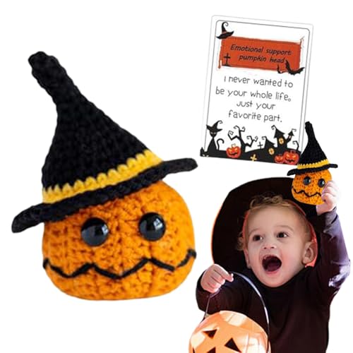 Hailerio Positive Häkelpuppen,Positive Puppe - Halloween Kürbisköpfe Puppe - Lustige gestrickte Puppe mit positiver Karte, süßes kleines Ermutigungspuppenspielzeug für Familienfeiern, Dekoration von Hailerio