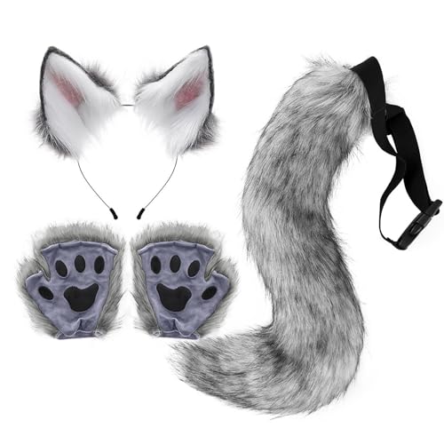 Wolfsohren, Schwanz und Handschuhe als komplettes Set - Schwanz Mit Klemme Ohrspangen Und Handschuhe Aus Kunstfell,Einfaches Halloween Cosplay Outfit für Karneval Anime Cosplay Party und Wolfsohren, Schwanz und Handschuhe als komplettes Set - Schwanz Mit Klemme Ohrspangen Und Handschuhe Aus Kunstfell,Einfaches Halloween Cosplay Outfit für Karneval Anime Cosplay Party und von Hailerio
