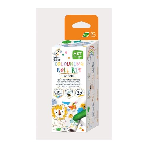 Haku Yoka 6303119 Wachsmal-Set, Mini-Malrolle Safari, Papierrolle mit Ausmalmotiven und 4 bunten Wachsmalkreiden inkl. 20 Stickern, für Kinder ab 3 Jahren von Haku Yoka