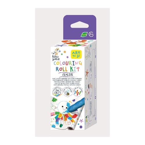 Haku Yoka 6303120 Wachsmal-Set, Mini-Malrolle Sealife, Papierrolle mit Ausmalmotiven und 4 bunten Wachsmalkreiden inkl. 20 Stickern, für Kinder ab 3 Jahren von Haku Yoka