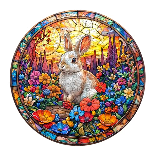 Holzpuzzle Erwachsene und Kinder, Flower Field Rabbit Kreisförmige Einzigartige Puzzle, Holz Puzzle Erwachsene Mit Geschenkbox Aus Holz (M-200 Stück) von Hakumata