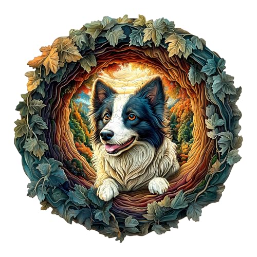 Holzpuzzle Erwachsene und Kinder, 3D Border Collie Kreisförmige Einzigartige Puzzle, Holz Puzzle Erwachsene Mit Geschenkbox Aus Holz (M-200 Stück) von Hakumata