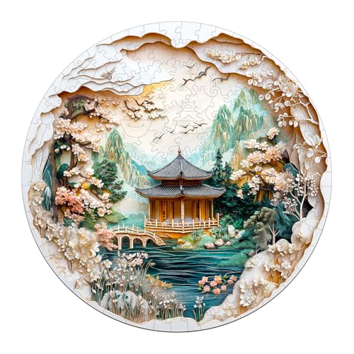 Holzpuzzles für Erwachsene und Kinder, 200 Teile Holzpuzzle Erwachsene, Kreisförmige Einzigartige Puzzle, Wooden Puzzle Chinese Landscape Painting, Holz Puzzle Mit Geschenkbox Aus Holz von Hakumata