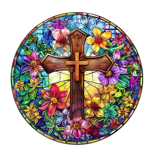 Holzpuzzles für Erwachsene und Kinder, 200 Teile Holzpuzzle Erwachsene, Kreisförmige Einzigartige Puzzle, Wooden Puzzle Stained Glass Cross, Holz Puzzle Mit Geschenkbox Aus Holz von Hakumata