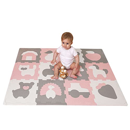 Stylische Puzzlematte Baby 1,2 x 0,9 m Bauernhof – 12 Platten à 30x30cm – 20% dickere & weichere Spielmatte – schadstofffreie, geruchlose, Pflegeleichte Baby Krabbelmatte – plastikfreie Verpackung von Hakuna Matte