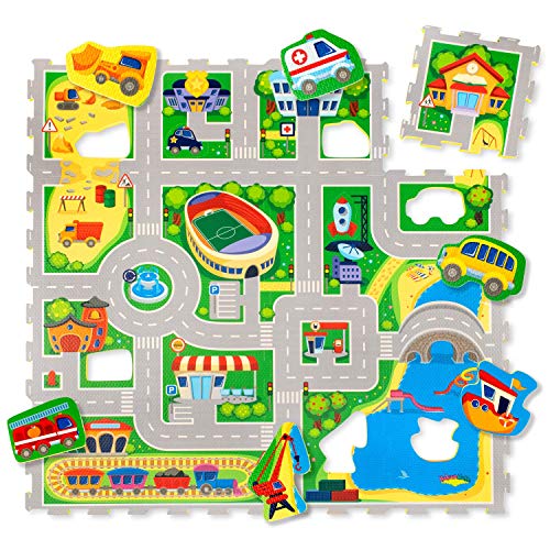 Straße Puzzlematte Baby 1,2x1,2m – Autoteppich Kinder 16 Platten, 11 Autos – 20% dickere & weichere Spielmatte – schadstofffreie, geruchlose, Pflegeleichte Baby Krabbelmatte – plastikfreie Verpackung von Hakuna Matte