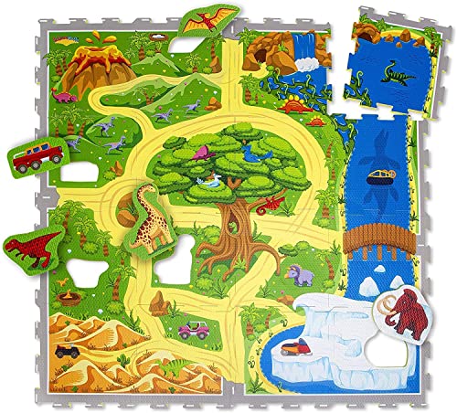 Straße Puzzlematte Baby 1,2x1,2m – Autoteppich Kinder 16 Platten, 11 Autos – 20% dickere & weichere Spielmatte – schadstofffreie, geruchlose, Pflegeleichte Baby Krabbelmatte – plastikfreie Verpackung von Hakuna Matte