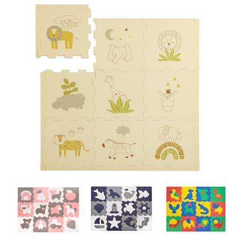 Stylische Puzzlematte Baby 0,9 x 0,9 m Safari Tiere – 9 Platten à 30x30cm – 20% dickere & weichere Spielmatte – schadstofffreie, geruchlose, Pflegeleichte Baby Krabbelmatte – plastikfreie Verpackung von Hakuna Matte