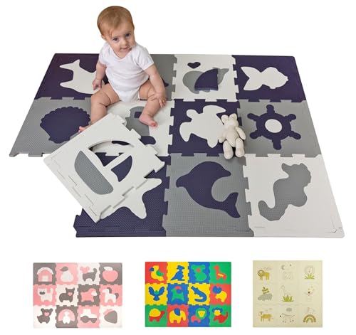 Stylische Puzzlematte Baby 1,2x0,9m Meereswelt – 12 Platten à 30x30cm – 20% dickere & weichere Spielmatte – schadstofffreie, geruchlose, Pflegeleichte Baby Krabbelmatte – plastikfreie Verpackung von Hakuna Matte