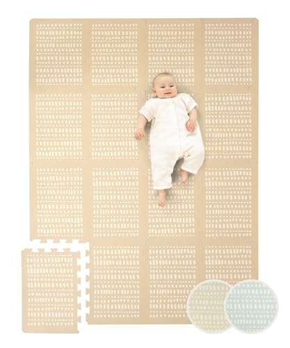 Stylische Puzzlematte Baby 1,7x1,2m Hygge Sand – 16 XL-Platten mit Kanten – Dicke & weiche Baby Spielmatte – schadstofffreie, geruchlose, Pflegeleichte Krabbelmatte – plastikfreie Verpackung von Hakuna Matte