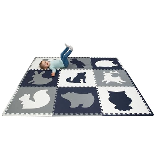 Stylische Puzzlematte Baby 1,8 x 1,8 m Wald, 9 XXL-Platten à 60x60cm – 20% dickere & weichere Puzzlematte für Kinder – schadstofffreie, geruchlose, Pflegeleichte Baby Krabbelmatte, Puzzlematte Boden von Hakuna Matte